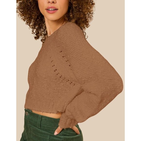 Women's Knit Crop Sweater Popcorn Texture Open Back Bow Tie Casual Chic - Picture 5 of 5